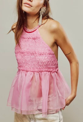 NUEVA CAMISETA SIN MANGAS FREE PEOPLE ROSA CON VOLANTES CUPCAKE CUTIE HALTER TALLA S Foto 1 de 4