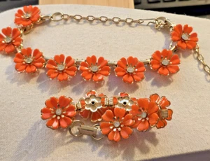 ORANGE ENAMEL FLOWER WITH CENTER RHINESTONE CHOKER NECKLACE AND BRACELET - Picture 1 of 9