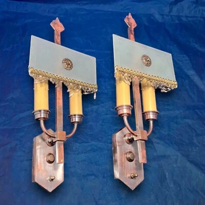 Pair RARE antique mission double candle wall sconces  beveled glass shades 85B - Image 1 of 4