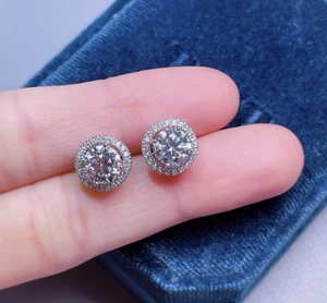 4 Ct Halo Round Cut FL/D Lab Created White Sapphire Stud Earrings 14K White Gold - Picture 1 of 11