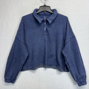 Aerie Womens L Oversized Cropped Polo Sweatshirt 3/4 Button Blue Casual Lounge  - Picture 1 of 7