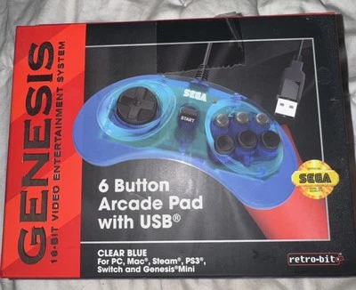 Sega Genesis Retro-Bit Wireless Bluetooth 8-Button Controller - Transparent Blue - Image 1 of 2