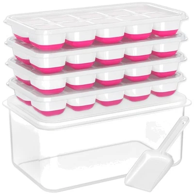 Bandeja para cubitos de hielo con tapa y contenedor, paquete de 4 bandejas de cubitos de hielo de plástico de silicona para F... Foto 1 de 4
