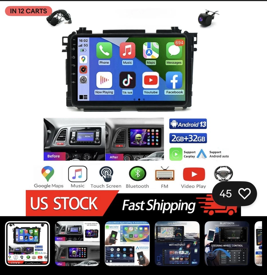 Radio estéreo para automóvil Android 13 Apple Carplay GPS para Honda Vezel HR-V HRV 2014-2019 Foto 1 de 1