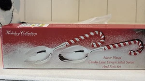 Godinger Holiday Collection Silver Plated Candy Cane Salad Spoon & Fork Set - Picture 1 of 3