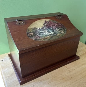 Vintage Holz Rezept Aufbewahrung Brief Andenken Box Gehöft Szene gebogen Klappdeckel - Bild 1 von 19