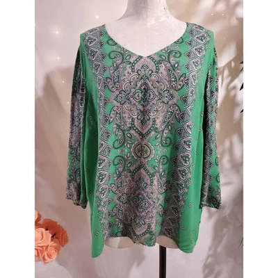 Blusa Top J Jill Para Mujer Colocada Cachemira Manga 3/4 Cuello en V Talla XL Boho Hippie Foto 1 de 4