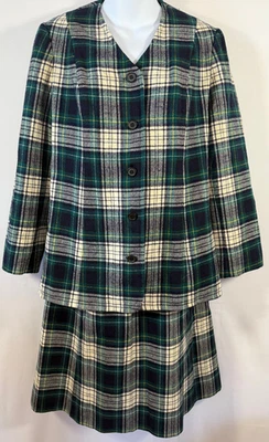 vtg Young Pendleton Wool Green White Blue Plaid Skirt Jacket Suit lined womens S - Image 1 of 4