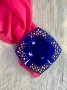 Vintage Cobalt Blue Glass Ashtray with Gold Dots – Mid-Century Modern Art Glass - Picture 1 of 10