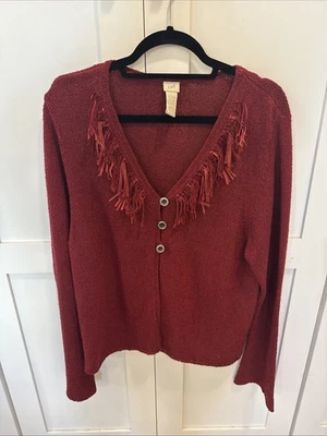 J Jill Red Silk Linen Blend Fringe Artsy Lagenlook Cardigan Sweater Size Large - Imagem 1 de 4