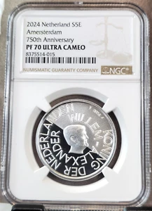 2024 NETHERLANDS SILVER 5 EURO AMSTERDAM ANNIVERSARY NGC PF 70 ULTRA CAMEO RARE - Picture 1 of 3