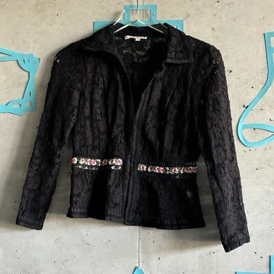 Blazer Nanette Lepore Vintage Y2K Encaje Floral Bordado Lentejuelas Negro Talla 2  Foto 1 de 4