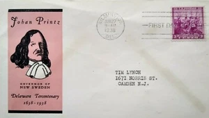 1938 Wilmington DE Johan Printz First Day Cover 3 Cent Swedes Landing Stamp FDC - Picture 1 of 5