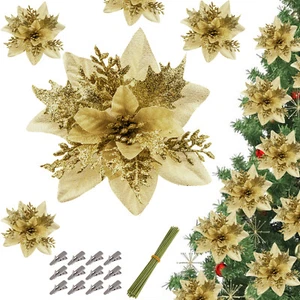 30/60pz Poinsettia Natalizia Glitter Fiori da Appendere Decorazione Albero Festa Natale - Foto 1 di 30