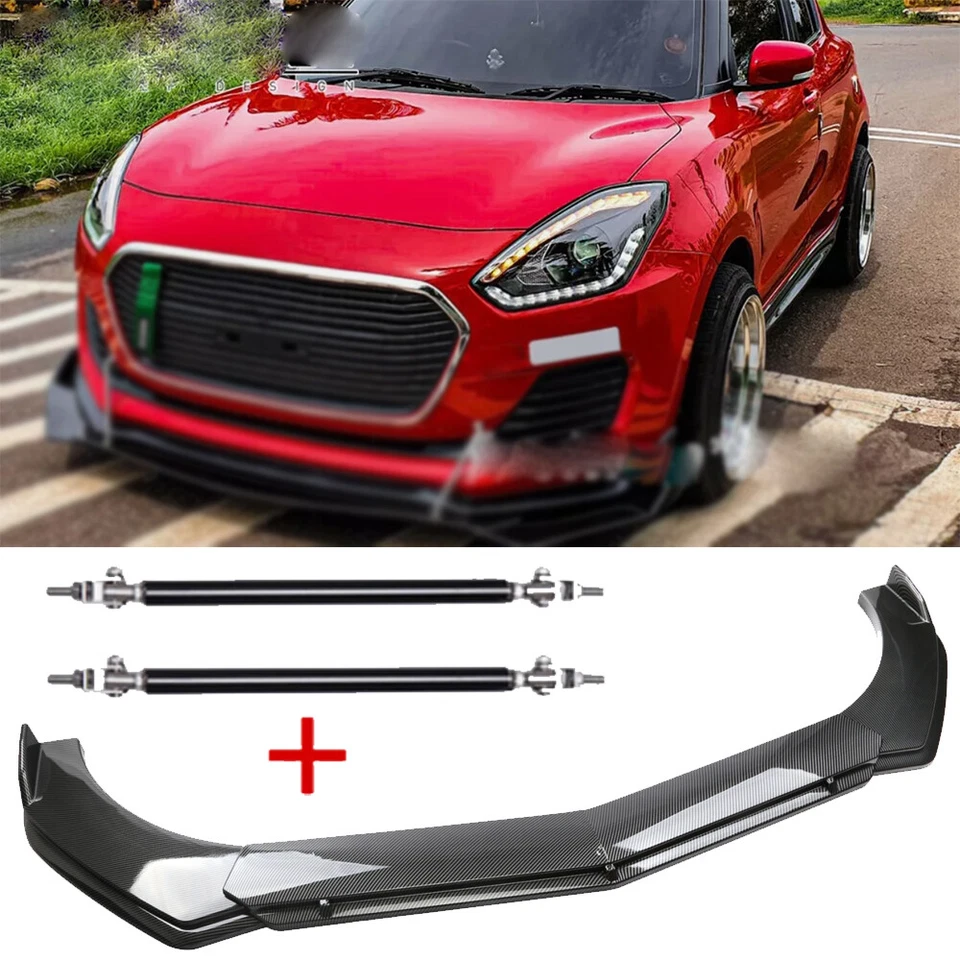Front Bumper Lip Splitter Spoiler + Strut Rods for Suzuki Swift Carbon Style Foto 1 de 4
