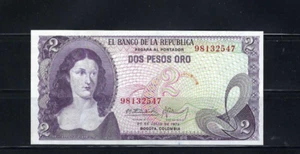 -BANCO DE LA REPUBLICA 1972 COLOMBIA- $2 PESOS ORO - Picture 1 of 2