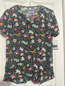 STRICTLY SCRUBS CHRISTMAS OWLS FOX BEARS DINOSAURS ANIMAL PRINT SMALL 4 POCKETS - Picture 1 of 4