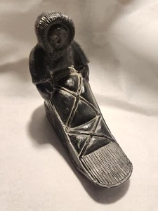 NUVUK Vintage Inuit SOAPSTONE CARVING Dog Sled Man Figurine Canada *AS IS* Read - Picture 1 of 9