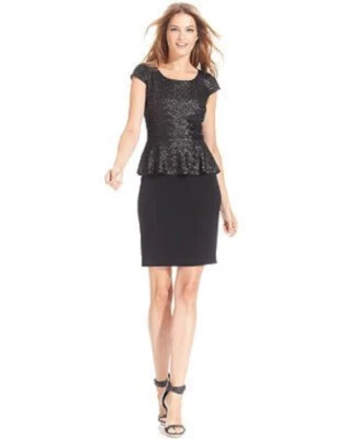 Nuevo con etiquetas Vestido Vaina de Noche Calvin Klein Lentejuelas Peplum Hasta la Rodilla Negro Talla 4 Foto 1 de 4