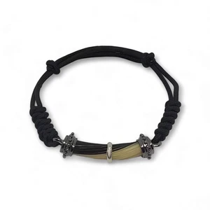 Thai Macrame Bracelet, Split Two-Tone Fiber Barrel, Oxidized 925 Silver Amulet - Picture 1 of 6