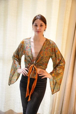 Wrap Top Pure Silk Tie Blouse Dress Girls Woman Y2k Boho crop Top PS PSW1725 - Image 1 of 4