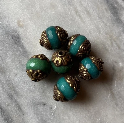 6pcs Blue Green Faceted Beads Set in Tibetan Repousse Brass Caps 20x15mm CC134 - Image 1 of 2