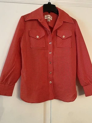 Vtg 70's Red Women's M Spread Collar Polyester Shirt Polka Dot Rockabilly Disco - Image 1 of 4