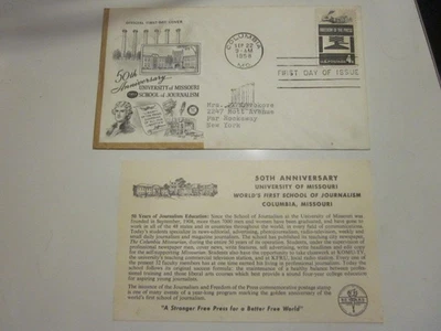 US COVER 1958 FREEDOM OF PRESS FDC #1119 MISSOURI UNIVERSITY CACHET W/INSERT #2 - Image 1 of 4