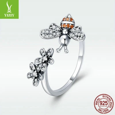 Joia de noivado REAL CZ 925 prata esterlina anel dedo aberto história de abelha - Imagem 1 de 4