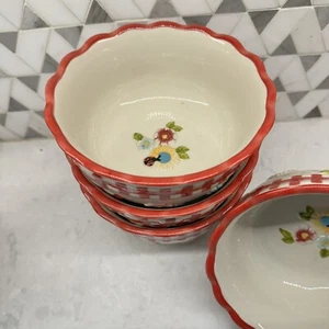 4 Temp-tations Gingham Garden Red Soup Cereal Pedestal Bowl - Retired - Picture 1 of 5