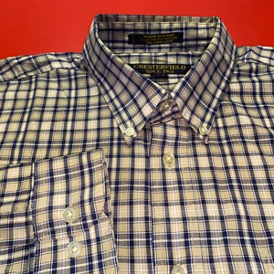 Men's Shirt By Chesterfield size XL 17 - 17 1/2. Blue brown plaid Long Sleeve - Picture 1 of 7