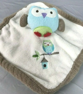 Manta de seguridad recién nacido búho azul casa para pájaros marrón verde azul crema bebé Lovey Foto 1 de 4