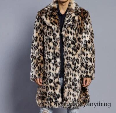 Mens Leopard Print Fur Suit Coat Faux Fur Long Jacket Warm Parka Winter Overcoat - Image 1 of 4