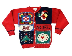 Vintage Deans Christmas Hand Knit Cardigan Sweater Santa Claus Noel Size Medium - Picture 1 of 15