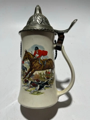 Ceramic Beer Stein Mug Jockey Hunting Horse Horses W/ Lid Cover
