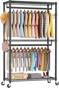 Rolling Clothes Rack, Heavy Duty Garment Racks 3 Tiers Portable Adjustable Wire - Picture 1 of 12