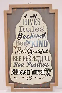 Honey Bee "Hives Rules" Sign Custom Gift Wood Wall Decor 18"x11" Rules of Life" - Picture 1 of 7