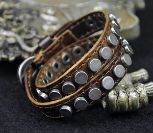 S368 Doppel Wickel Rund Metall Nieten Vintage Leder Armband Armband Manschette KHAKI - Bild 1 von 4