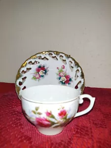 Vintage Cup and Saucer white/gold/ with Hand painted Roses. Both cup and saucer. - Picture 1 of 6