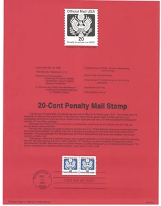 USPS Souvenir First Day Of Issue Comm Stamp 5/19/88 20C Penalty Mail 20c - Picture 1 of 1