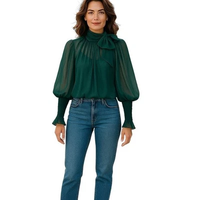 Ulla Johnson Lesli Silk Chiffon Blouse Women's Sz 6 Green Sheer Puff Sleeve Bow - Image 1 of 4