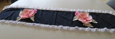 Decorative Navy Blue Party Table Runner w/Lace Trim & Pink Flowers 14" x 68" - Image 1 of 4