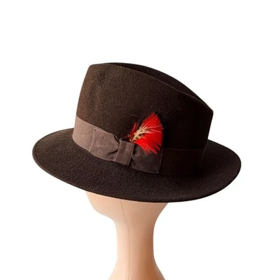 Vintage 1950s Style Mens Micro Felt Brown Wool Fedora Red Feather Accent - Image 1 of 4