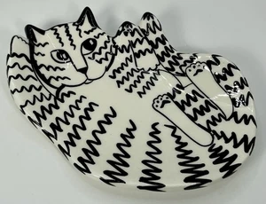 Cats by Nina Trinket Dish Black & White Zigzag Cat Vintage - Picture 1 of 4