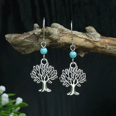 925 Silver Plated Tribal Style Turquoise Earrings Geometric Ethnic Dangle 4.4 CM - Image 1 of 4