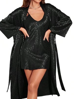 Women's Leopard Print Satin Nightgown With Matching Long Robe And Adjustable Str - Image 1 of 3