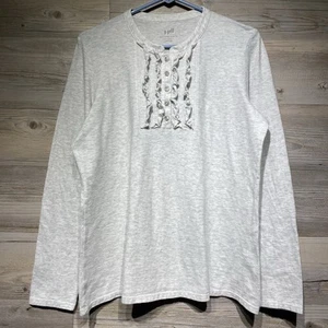 J Jill Top Ruffle Front Henley Tee Long Sleeve Shirt Medium Pima Cotton Gray - Picture 1 of 6