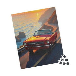 Vintage Car Sunset Puzzle, Classic 1964 Mustang Jigsaw Game - Picture 1 of 4
