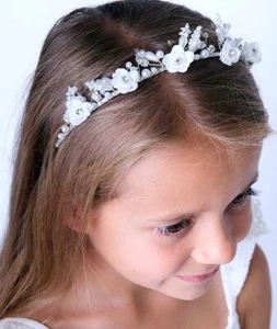 Mädchen funkelndes Silber Blumen Perlen Diadem Stirnband, Blumenmädchen Kopfschmuck Accessoire - Bild 1 von 1