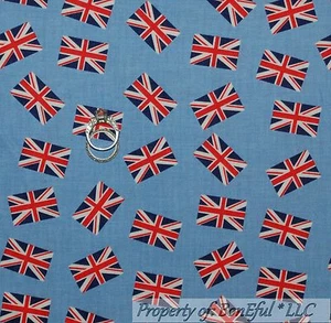 BonEful Fabric FQ Cotton Quilt VTG Block London UK Flag British USA Girl Boy USA - Picture 1 of 12